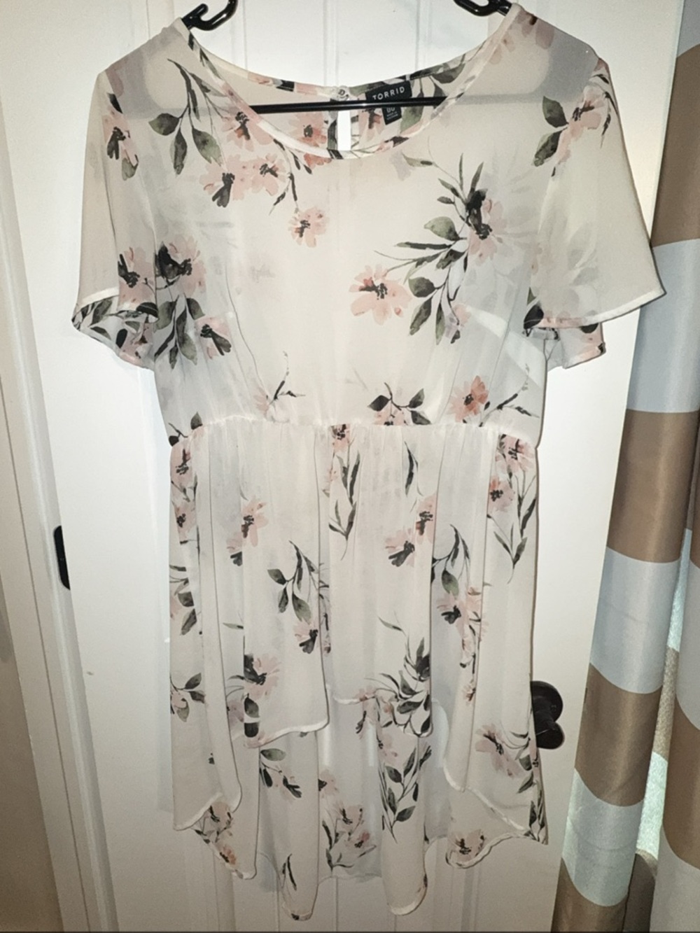 torrid Cream Floral High-Low Babydoll Dress with Pink Blossoms